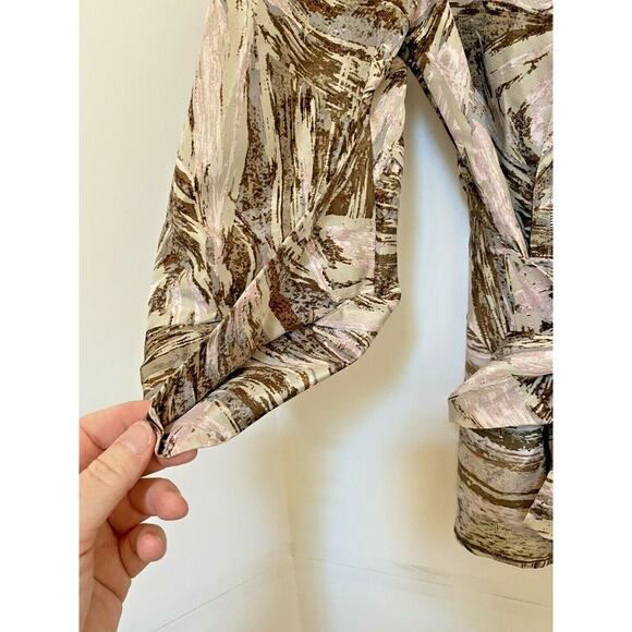 BCBG MaxAzria Silk Top Tan Prairie Tieback Print S - Picture 4 of 7